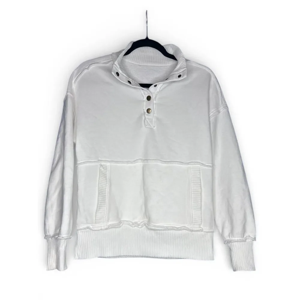 Women's White Mock Neck Snap Henley Sweatshirt Loungewear Soft Kangaroo - XS